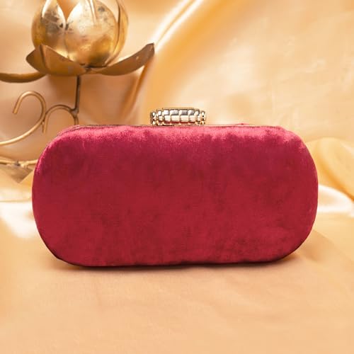 Artklim Maroon Based Plain Velvet Fabric Clutch Bag for Women