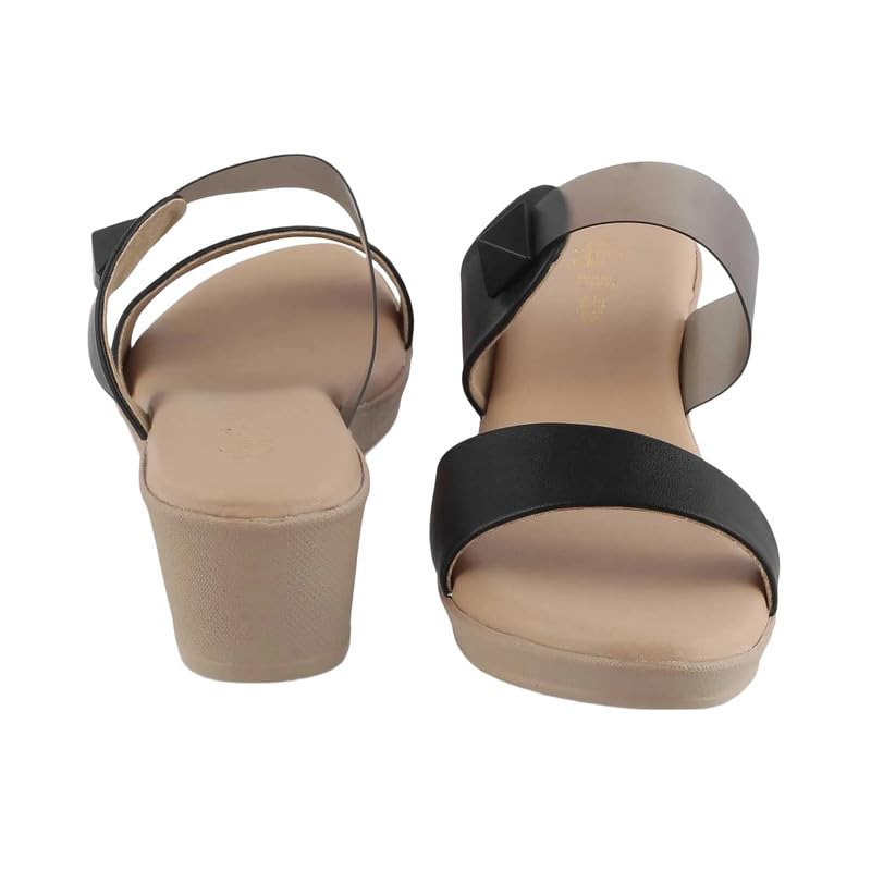 tresmode VIOS Women's Black Vegan Leather Wedge Sandals in Size 8 UK / 41 EU