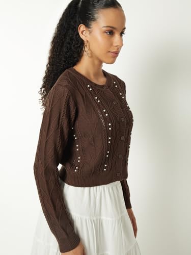 Max Women Embellished Knit Cardigan (Brown_S)