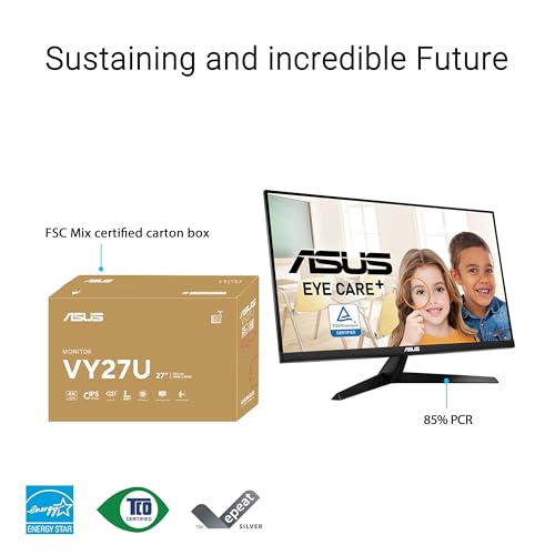 ASUS Eye Care Monitor 27" 4K (VY27UQ) - UHD (3840 x 2160), IPS, HDR10, Adaptive Sync, Eye Care Plus, Display Port, HDMI, Speaker, DisplayWidget, Blue Light Filter, Flicker Free, Warranty 3