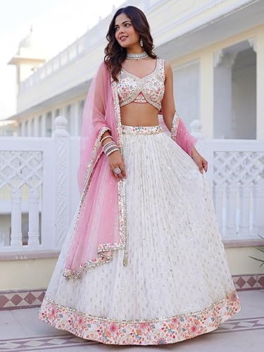 Zeel Clothing Women's Sequins Zari Embroidered Work Georgette Lehenga Choli With Dupatta (7070-White-Women-Lehenga-Choli; Free size) (White)
