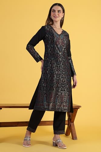 W for Woman Black Yarn Dyed Sequins A-Line Kurta & Straight Pant with Dupatta Set (Size: XS)-24NOWS11842-314128