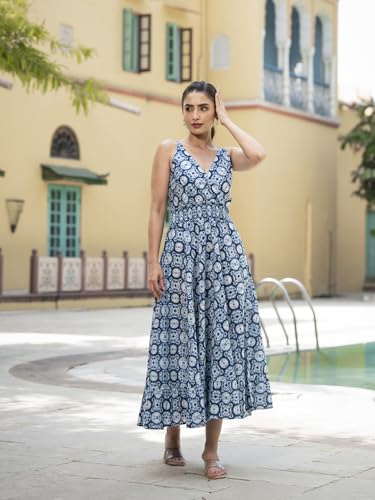 Divena Blue Floral Print Pure Cotton Fit & Flare Dress