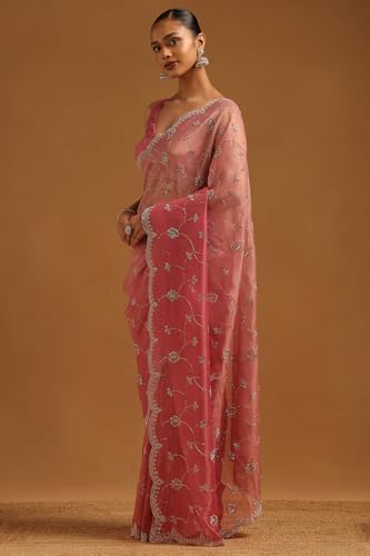 Soch Womens Onion Pink Fendy Organza Embellished Saree With Stone Work