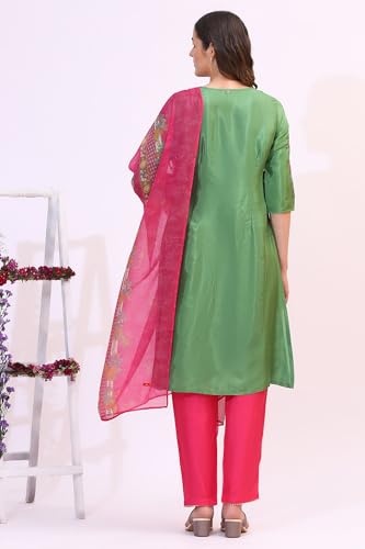 W for Woman Forest Gren Solid Floral Embroidered Shantung Kurta, Pants and Dupatta Set (Size:2XL)-WS19722