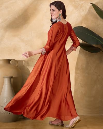 SheWill Orange Vichitra Silk Zari Sequence Thread Cording Embroidered Gown for Women – Elegant Floor-Length Ethnic Ensemble with Graceful Detailing SHEKR10215_ROOH_B