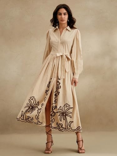 SMOWKLY Cotton Blend Women's Casual Embroided Dress Mid-Length Maxi Dress for Woman ||Stylish Frocks for Women ||One Piece Dress for Women || Long Midi Dress for Woman || Party & Beach Wear Cream