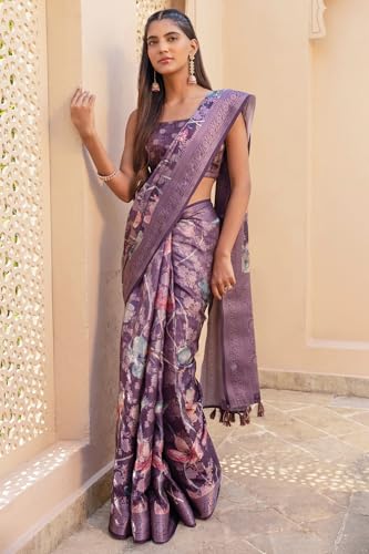 Soch Womens Purple Tussar Floral Print Saree With Zari Woven