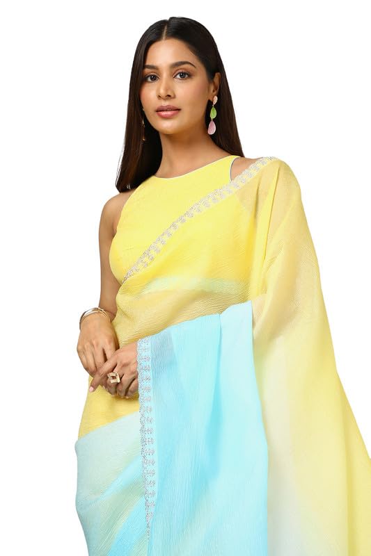 Soch Womens Yellow Tissue Ombre Saree With Stone Work