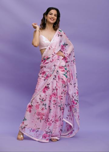 Panzora Women's Chinon Digital Printed Saree With Unstithced Blouse Piece