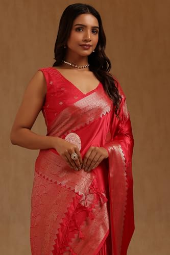 Soch Womens Red Satin Zari Woven Saree