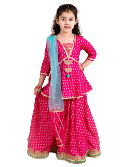 Pspeaches Cotton Girls Magenta Blue Printed Ready To Wear Readymade Lehenga Set (Pink-10-12Y), 10 Years-12 Years