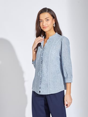 Latin Quarters Women Blue Solid Shirt with Mandarin Collar & Full Sleeves | 100% Polyester Regular Fit Button-Down Top for Casual Wear