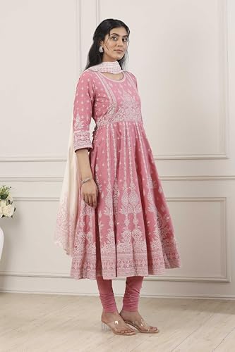 Biba Women Pink Cotton Anarkali Suit Set_36