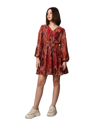 ONLY Women Abstract Printed Casual Maroon Fit and Flare Dress
