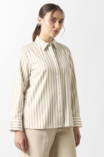 Women Beige Stripe Long Sleeves Formal Shirt