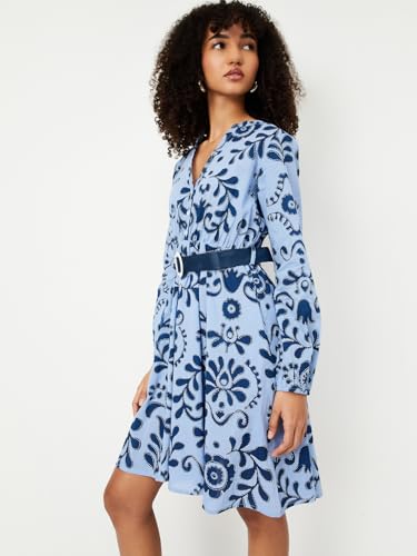 Max Kalki x Max Women Printed Belted Shirt Dress(Blue_XS)
