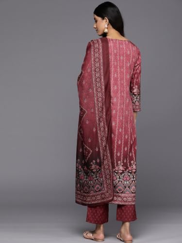 Women's Maroon Printed Cotton Kurta With Pant And Dupatta