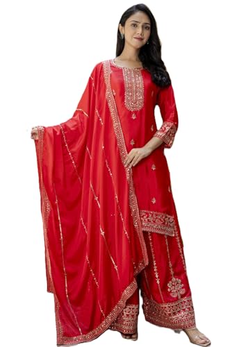 Leeli Peeri Designer Women's Chinon Silk Embroidery Kurta Sharara Set With Dupatta