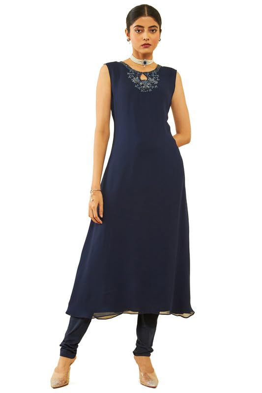 Soch Womens Blue Georgette Beadwork Embellished A-Line Chudidar Suit Set with Shrug(OWA3CD20256A)