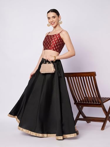 studio rasa Women's Dupion Hand Block Printed Spaghetti Readymade Crop Top for Festive Party Wedding(TPWC12609L_Maroon_Large)