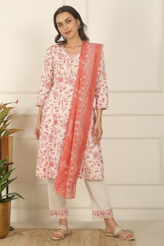 W for Woman White and Orange Floral Printed Pure Cotton Flared Kurta, Pants and Dupatta Set (Size: S)-WS12726-125580