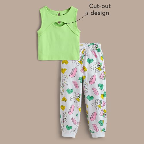 Hopscotch Girls Sleeveless Green Graphic Print Jogger Set For Ages (9-10 Years)