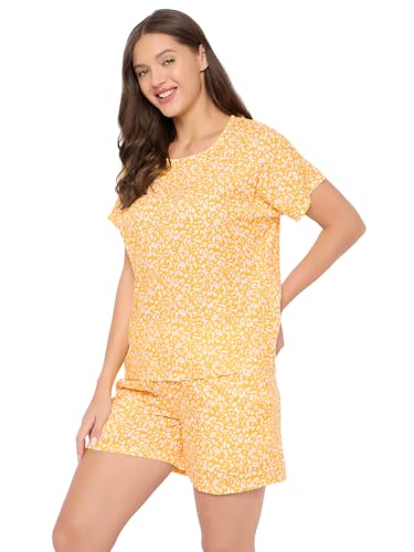 Clovia Women's Rayon Printed Top & Shorts Set (LS0533P02_Yellow_L)