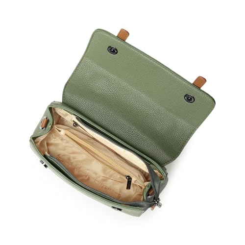 Fastrack Monochrome Muse Satchel | Faux-Leather Satchel for Women in Olive with Tan Accents | Buckle-Flap Closure, Dual Carry Options, Centre Zip Divider & Quick-Access Pockets