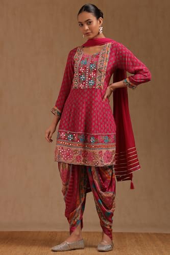 Soch Womens Fuchsia Crepe Floral Print Suit Set With Mirror Work