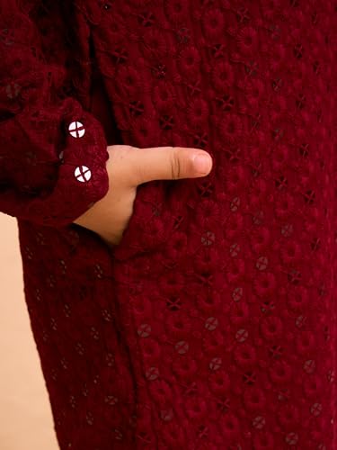 Manyavar Boys Viscose Chikankari Sequinned Kurta Pyjama Set (Maroon,2-3Y)