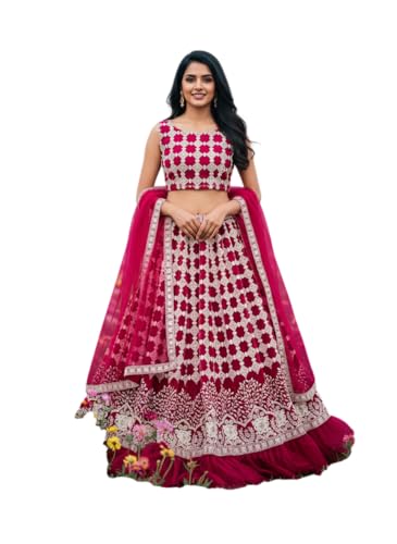 VARNI FABRICS Women's Pink Embroidered Lehenga Choli With Dupatta, Embroidery Pattern, Bridal Wear, Semi-Stitched