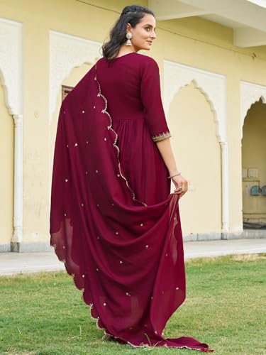 NIVANA Emboidered Flared Kurta with pant & Embroidered Dupatta | M | Maroon | V-neck | 3-Piece Ethnic Set