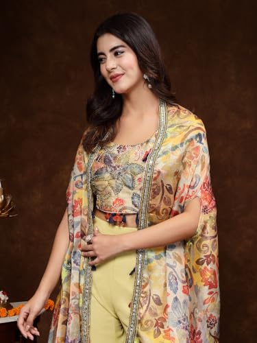 Stylum Women's Printed Party Wear Georgette Palazzo & Blouse with Jacket (PCJPOTTERBEIGE38_Beige, M)