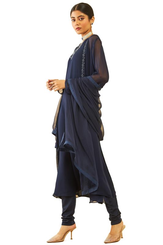 Soch Womens Blue Georgette Beadwork Embellished A-Line Chudidar Suit Set with Shrug(OWA3CD20256A)