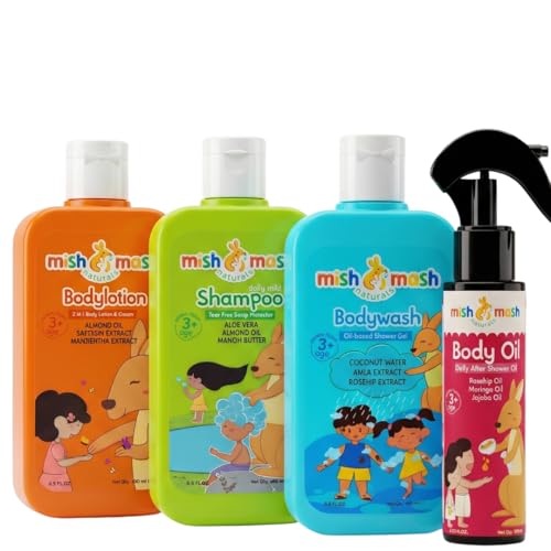 Mishmash Naturals Kids Total Care Combo (4-in-1) | Gentle Body Wash, Shampoo, Body Lotion & Body Oil | 100% Vegan | for All Skin Types | Age 3+ (200 ml x 3, 100 ml x 1)