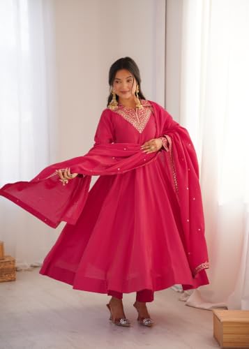 Leeli Peeri Designer Women's Roman Shimmer Silk Embroidered Anarkali Kurta Set With Dupatta