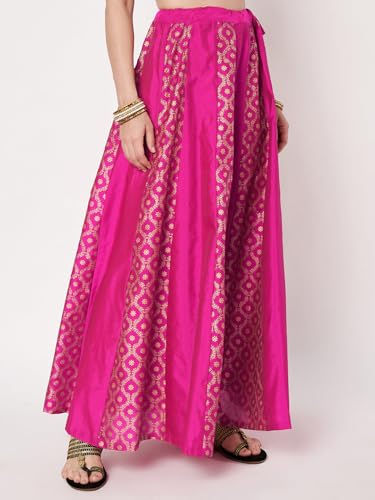 studio rasa Women's Silk Blend Block Printed Kalidaar Skirt for Wedding Festive Party(SKTC62510XL_Pink_X-Large)
