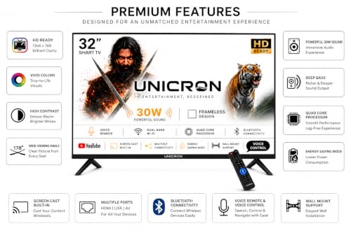 UNICRON 32 Inch Frameless Smart LED TV | Voice Control Android Smart TV | Bluetooth, WiFi, Screen Mirroring | HD Ready Display | HDMI, USB Connectivity | Smart Television for Home | Premium Glass