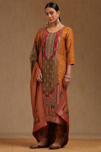 Soch Womens Mustard Brocade Floral Print Suit Set With Sequins