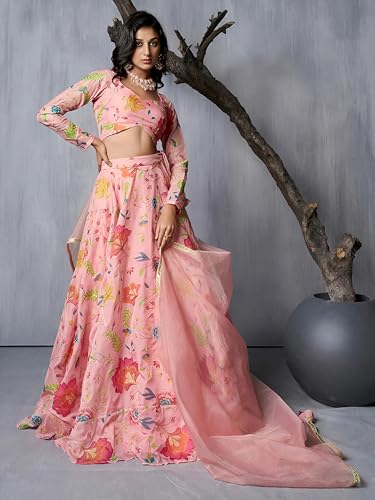 Zeel Clothing Women's Print and Dori Embroidered Organza Designer Lehenga Choli with Dupatta (7074-Pink-Womens-Lehenga-Choli-Latest; Free Size) (Pink)