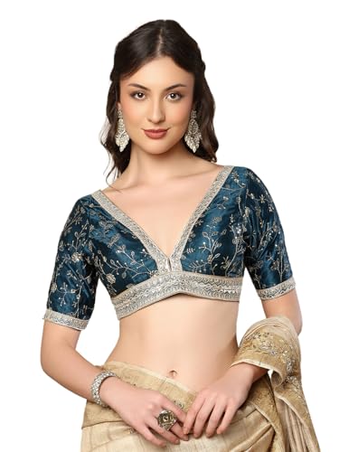 S SALWAR STUDIO Blue V Neck Embroidered Readymade Saree Blouse