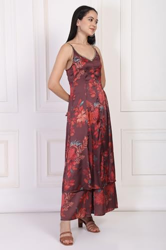 W for Woman Maroon Floral Print Sequined A-line Satin Kurta with Flared Pant and Dupatta Set (WS13212-126213-M)