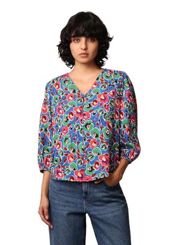 ONLY Women Floral Print Polyester Blend Blue Casual Top