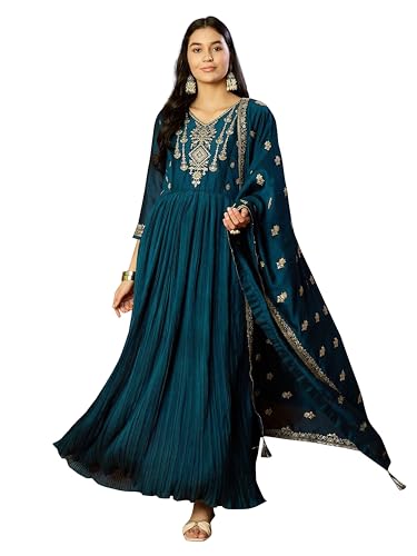 TRENDMALLS Women's Vichitra Silk Embroidery Salwar Suit Set Anarkali Kurta Set with Dupatta (G329-Morpeach-S)