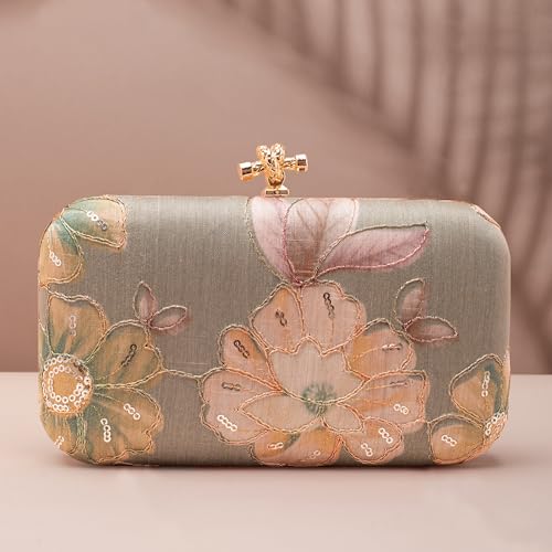 Artklim Pastel Grey Floral Printed Fabric Clutch Bag for Women – Stylish Clutch Purse | Hand Clutches for Women | Clutches for Wedding & Bridal Clutches Latest