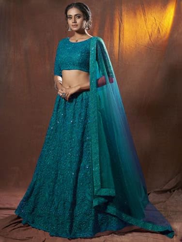 Zeel Clothing Thread Sequins Embroidery Work Soft Net Semi-Stitched Lehenga Choli Set With Dupatta (6017-Teal-Green-Women-Lehenga-Choli-New; Free Size)