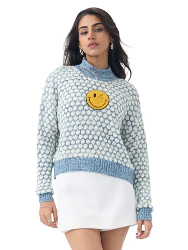 The Souled Store S.W.Smiley: Faces Women and Girls Full Sleeves Mock Neck Light Blue Graphic Acrylic Oversized Fit Sweater