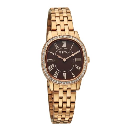 Titan Glamour Quartz Analog Brown Dial Rose Gold Stainless Steel Strap Watch for Women