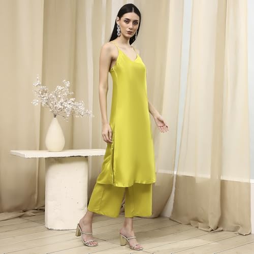 BIBA Women Lime Green Embroidered Straight Suit Set_38